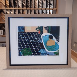 "The Argue" illustration numérotée et signée d'après une peinture originale de Cécile Aurégan, artiste nantaise, encadrée sur-mesure par Artem Nantes, passe-partout blanc, double baguette noire et chêne cérusé, verre musée (invisble).